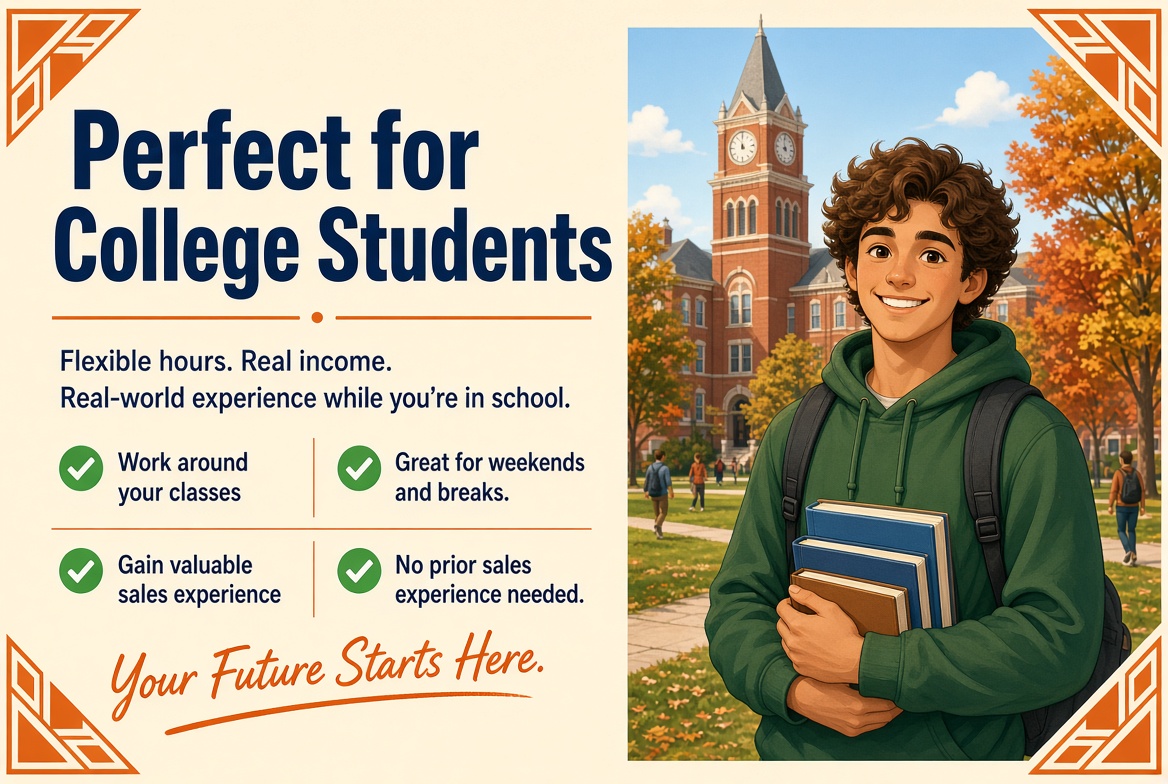 Perfect for college students. Flexible hours, real income, and real-world experience while you are in school. No prior sales experience needed.