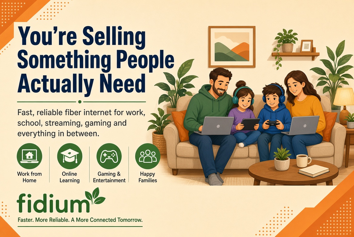 You are selling something people actually need: work from home, online learning, gaming, and happy families on Fidium fiber.